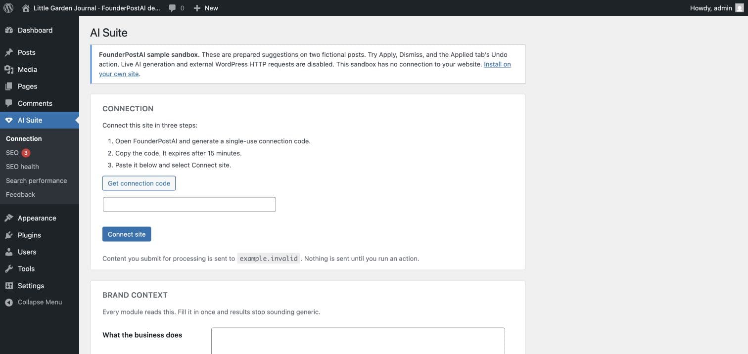 AI Suite Core connection page in the fictional WordPress sandbox