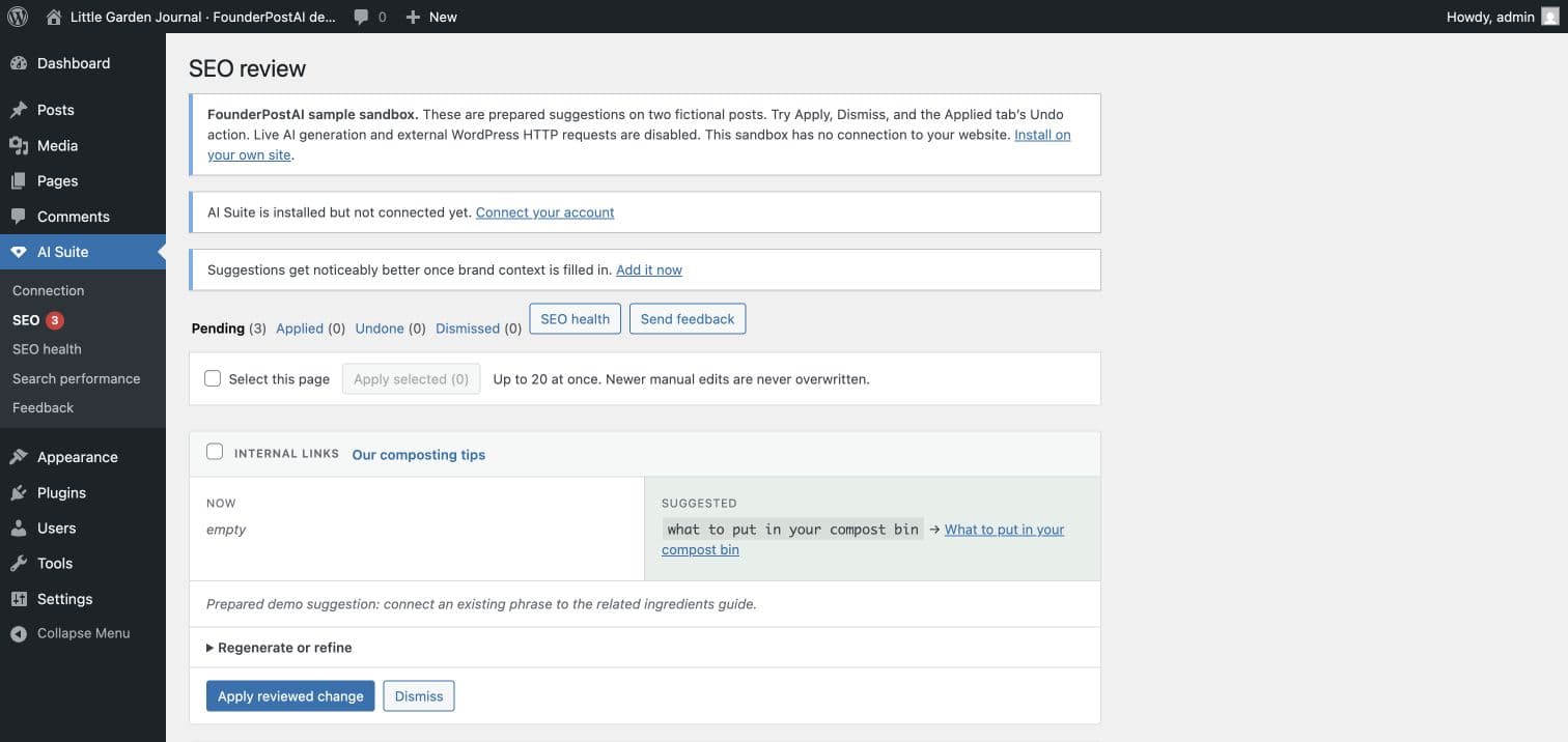 AI Suite SEO in WordPress showing a pending internal-link suggestion, its existing anchor phrase, destination, and Apply reviewed change button